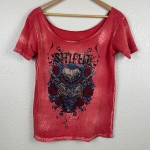 Sinful Affliction Bleach Print Rhinestone Short Sleeve Shirt Size Small Women